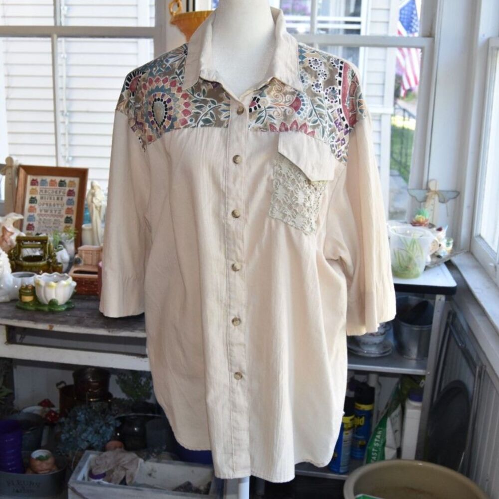 Vintage 90s Tapestry Yoke Boho Button Up Shirt XL Southwestern